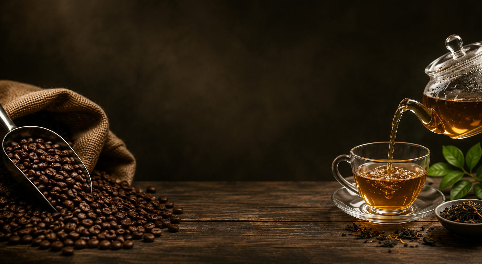 Fine Coffee & Tea since 1983 — Cavallini hero with roasted coffee beans and tea being poured