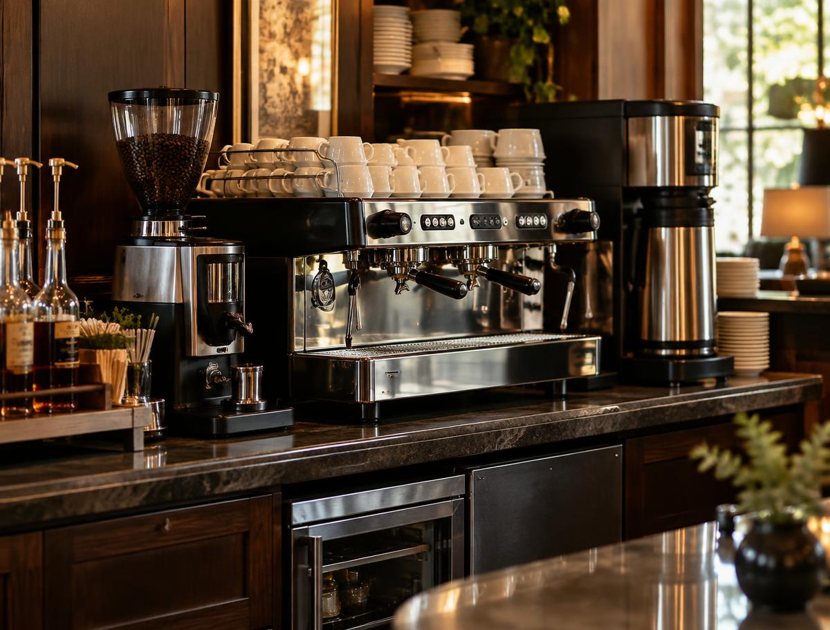 Commercial espresso machine, brewer, grinder and beverage supplies on a service counter