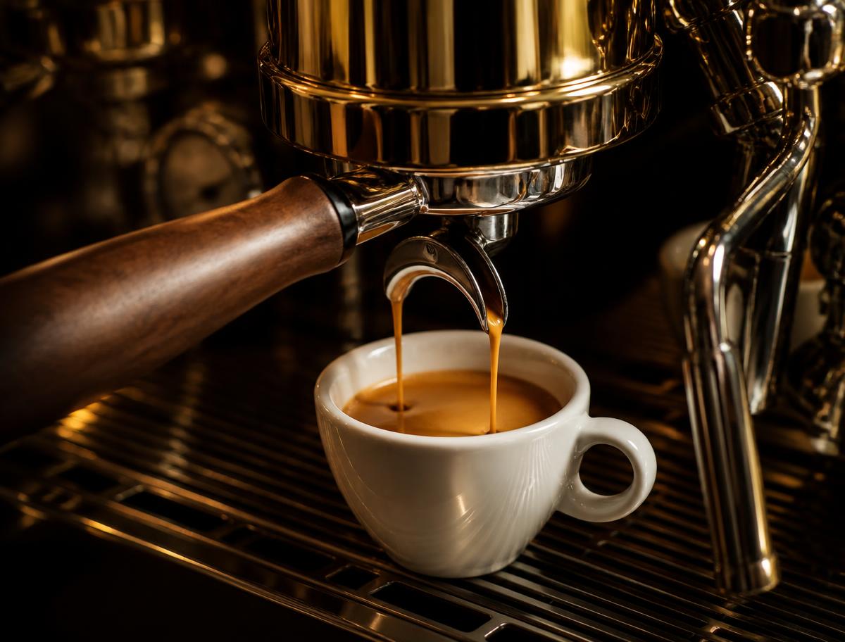 Espresso with golden crema being pulled from a polished commercial machine